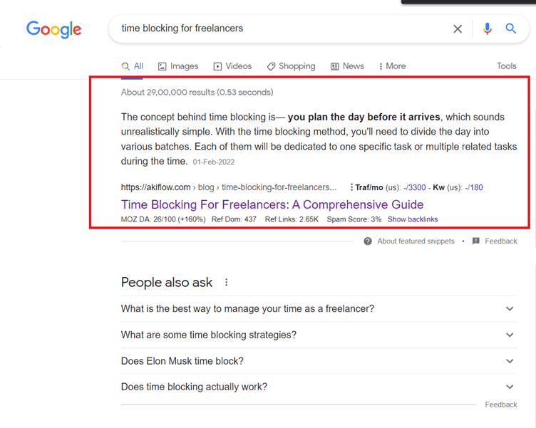 Featured snippet - short descriptions that appears on Google search results