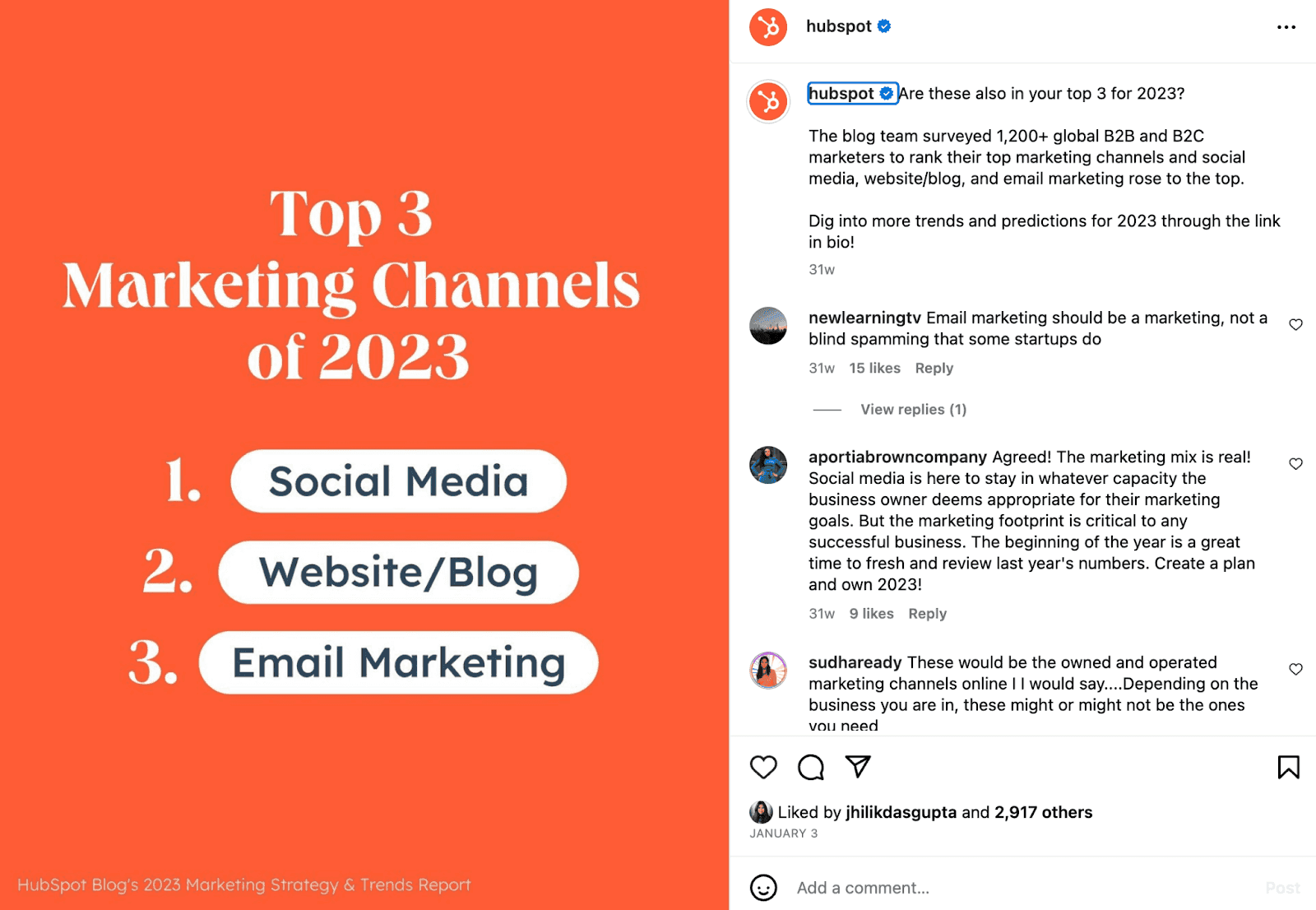 Hubspot Instagram - Top 3 Marketing Channels of 2023