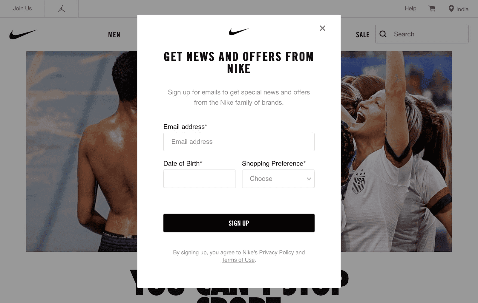 Subscribing to a newsletter or email list - Nike newsletter